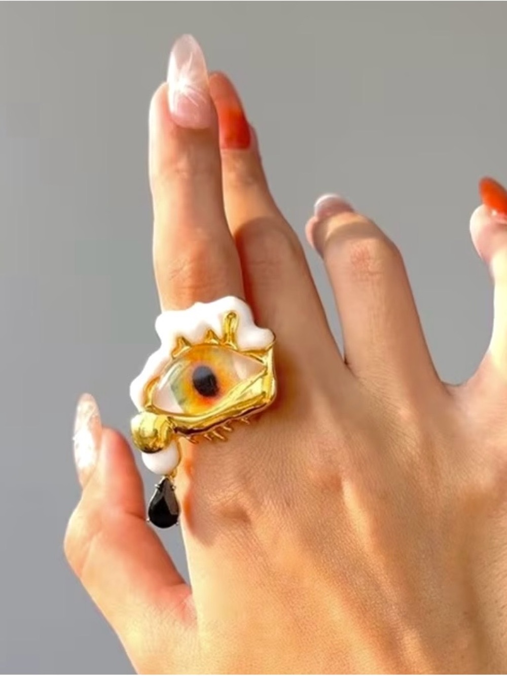 Schiaparelli Inspired Gold Eye Statement adjustable Ring
